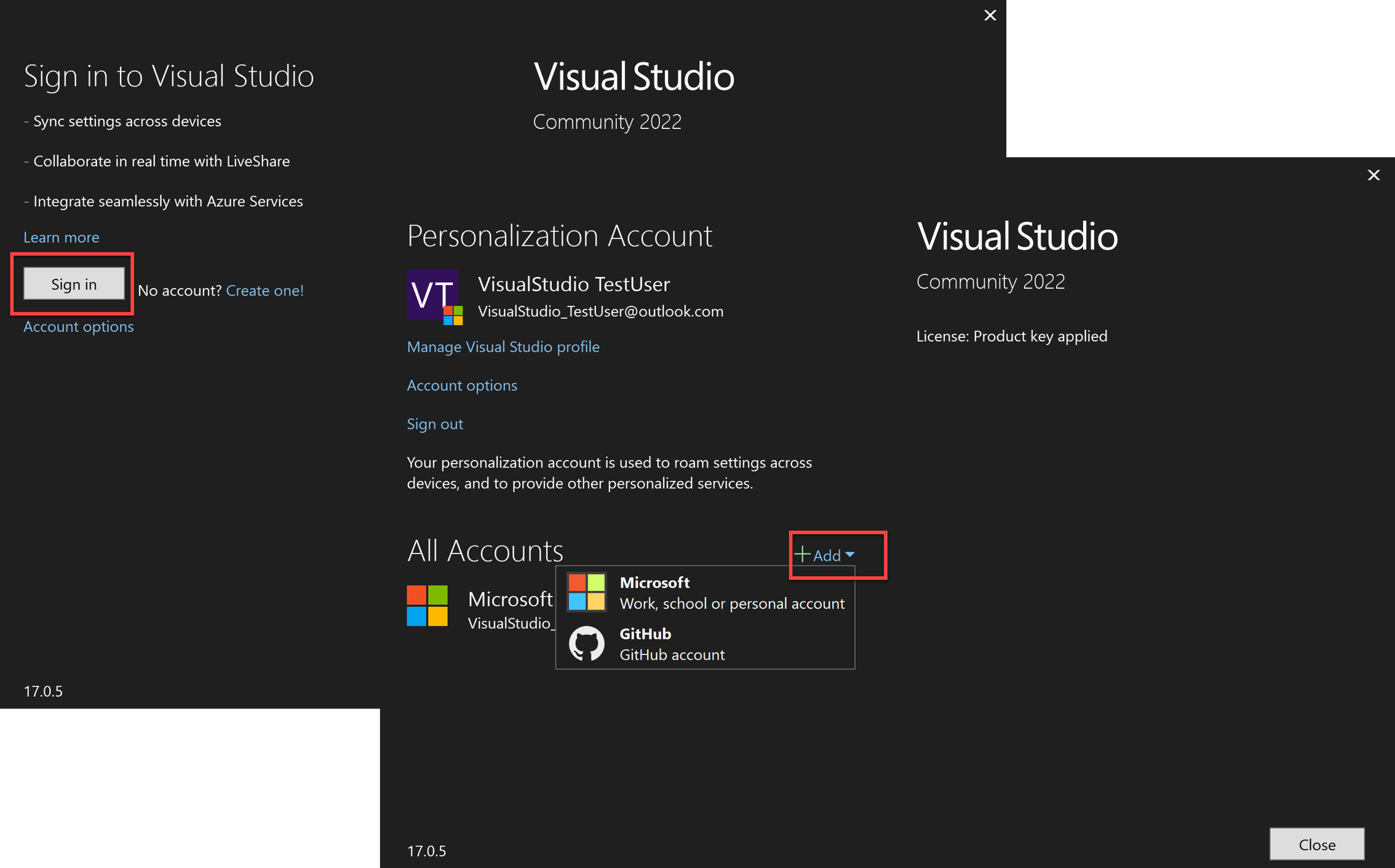 Ajoutez un nouveau compte de personnalisation à Visual Studio.