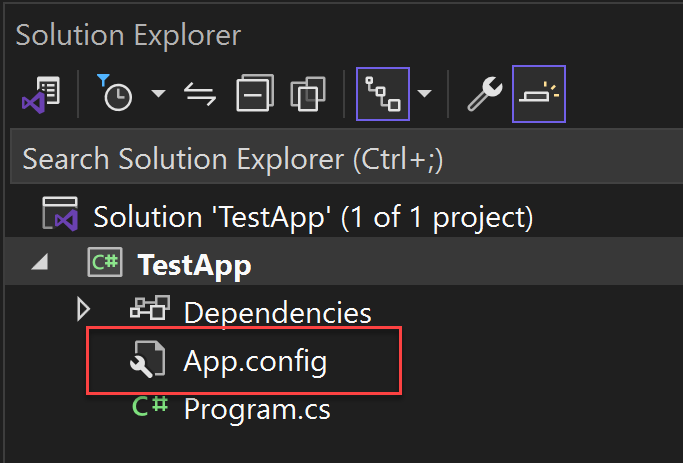 Capture d’écran montrant le fichier de configuration App.config ajouté à votre projet.