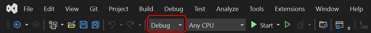 Capture d’écran montrant la configuration active dans la barre d’outils principale de Visual Studio.