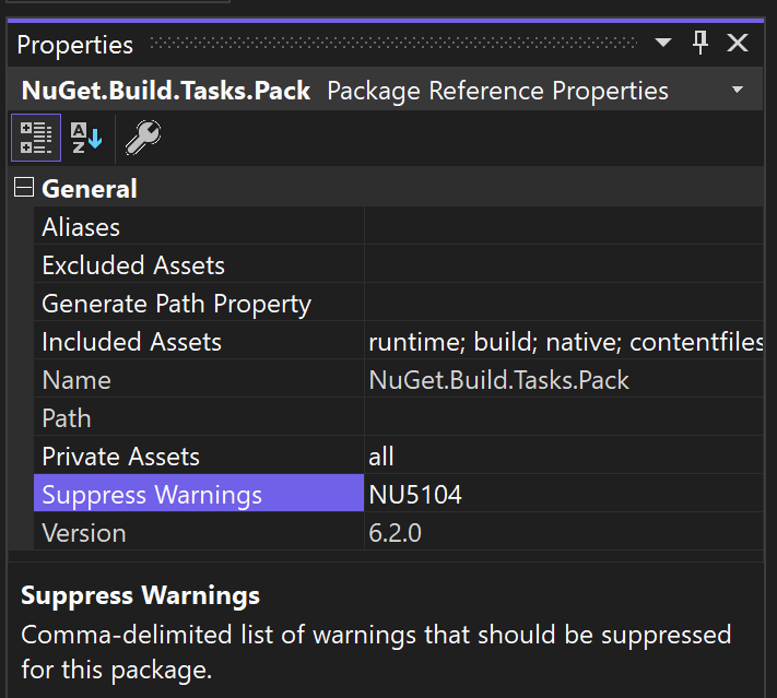 capture d’écran des propriétés du package NuGet