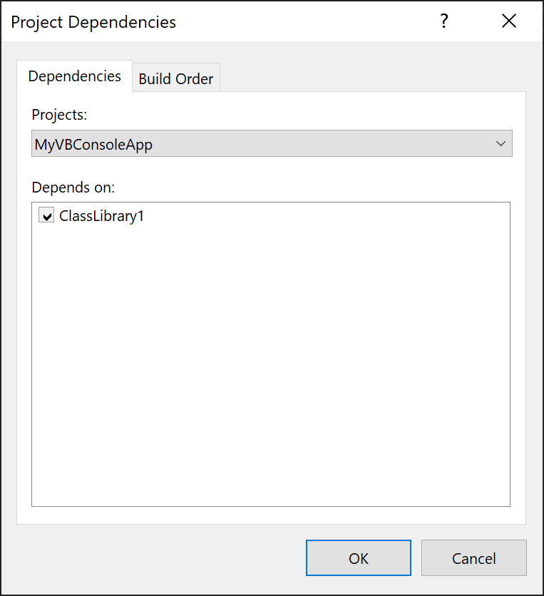Capture d’écran de la boîte de dialogue Dépendances du projet.