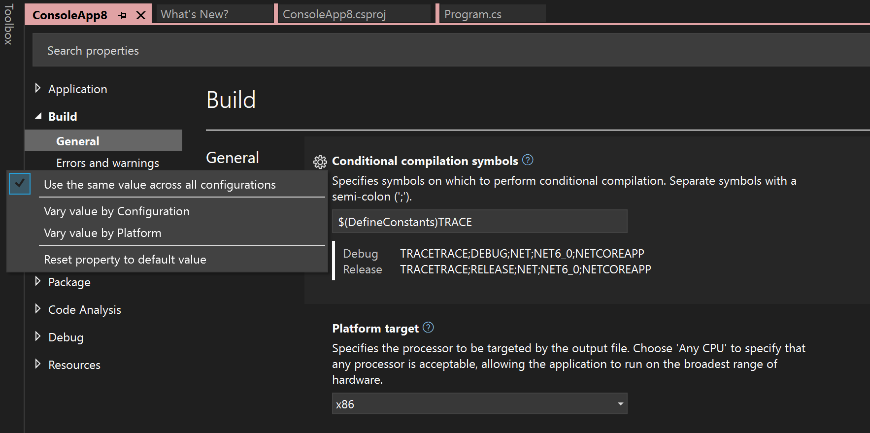 Capture d’écran montrant les propriétés du projet qui dépendent de la configuration et de la plateforme.