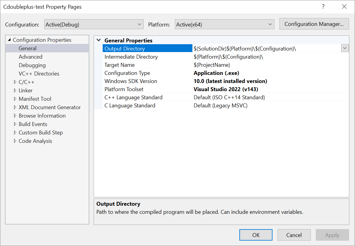 Capture d’écran de la page des propriétés du projet C++.