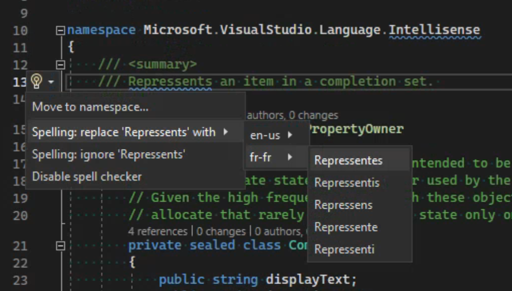 Capture d’écran du Vérificateur orthographique avec plusieurs dictionnaires répertoriés.