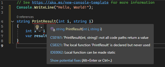 Capture d’écran montrant la recommandation Action rapide de base et l’icône ampoule dans Visual Studio.