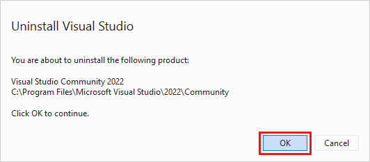 Capture d’écran montrant une boîte de dialogue pour confirmer que vous souhaitez désinstaller Visual Studio 2022.