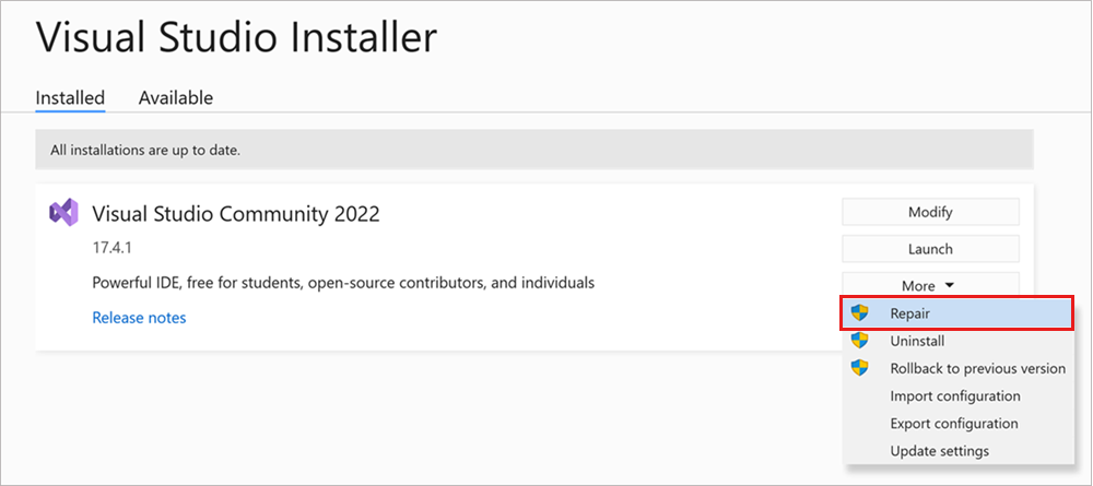 Capture d’écran montrant l’option Réparer dans le menu déroulant Plus de Visual Studio Installer.