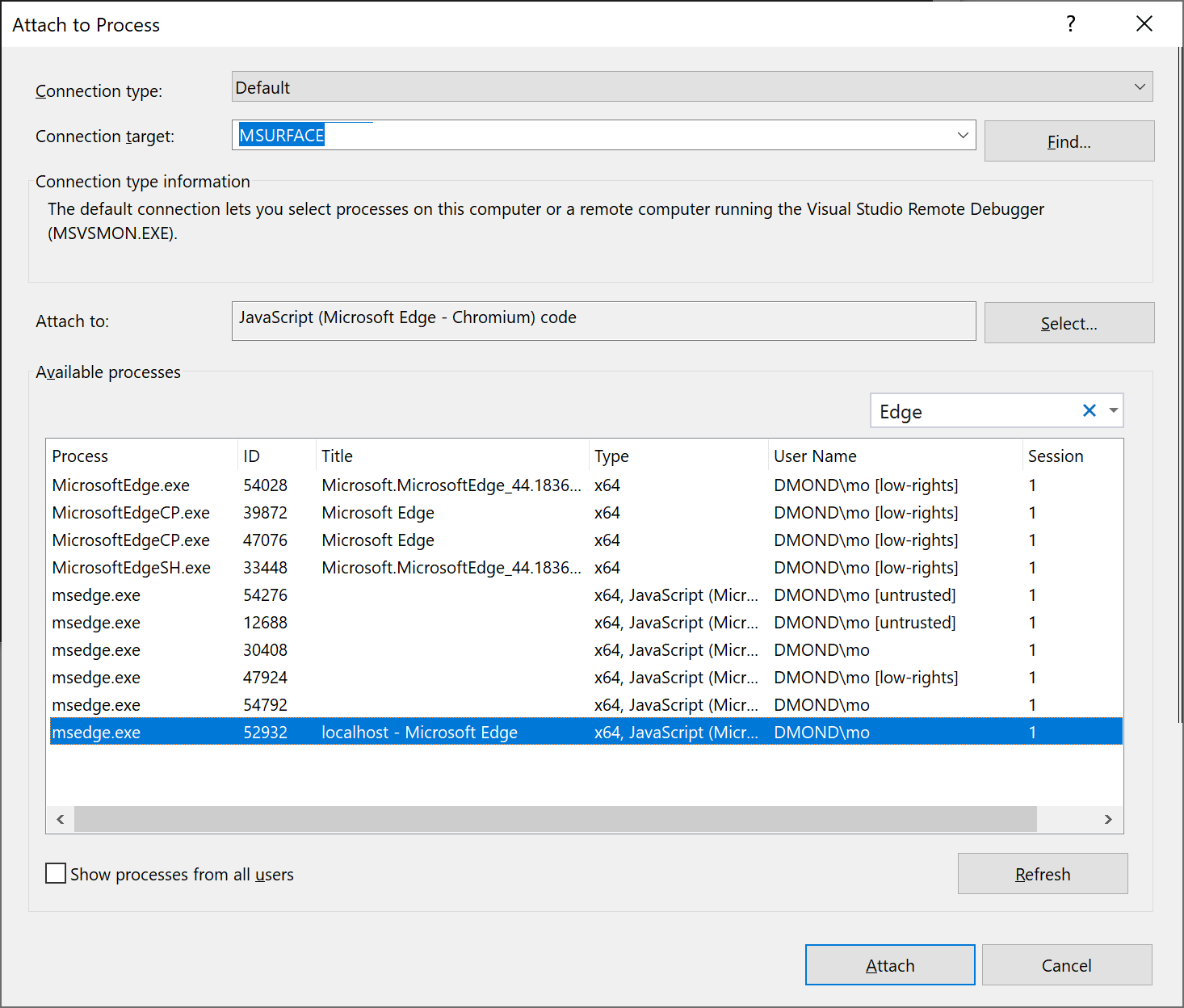 Capture d’écran montrant comment attacher à un processus dans le menu Débogage.