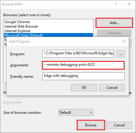 Capture d’écran montrant la configuration de vos options de navigateur pour s’ouvrir avec le débogage activé.