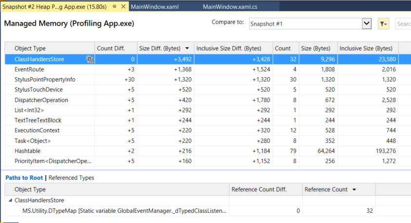 Vue comparative du tas dans les Outils de diagnostic