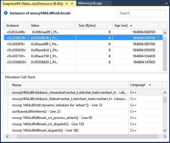 Capture d’écran de la vue Instances et du volet Pile des appels d’allocation.