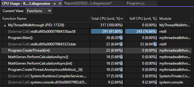 Capture d’écran qui montre la vue Fonctions des Outils de Diagnostic.