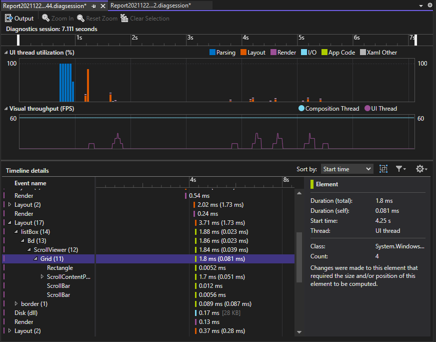 Outil de profilage – Chronologie de l’application