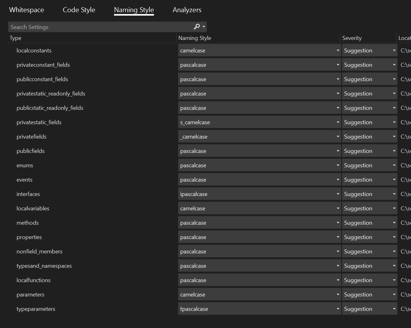 Styles d’affectation de noms EditorConfig