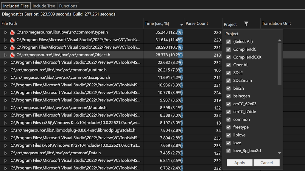 Mise à jour de la qualité de vie de Build Insights