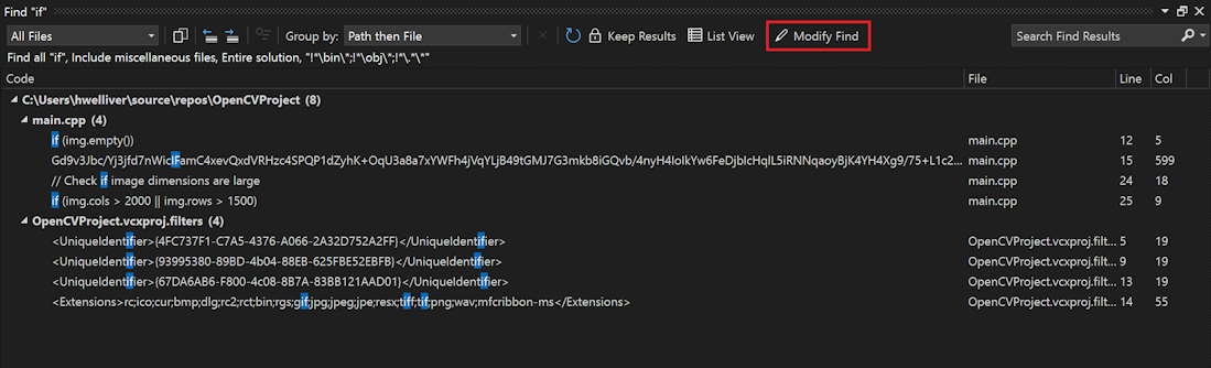 Bouton Modifier la recherche à l’extrémité droite de la barre d’outils