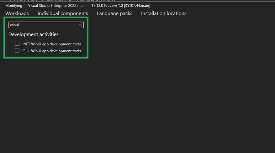 Image montrant la nouvelle recherche de composants individuels WinUI dans Visual Studio Installer