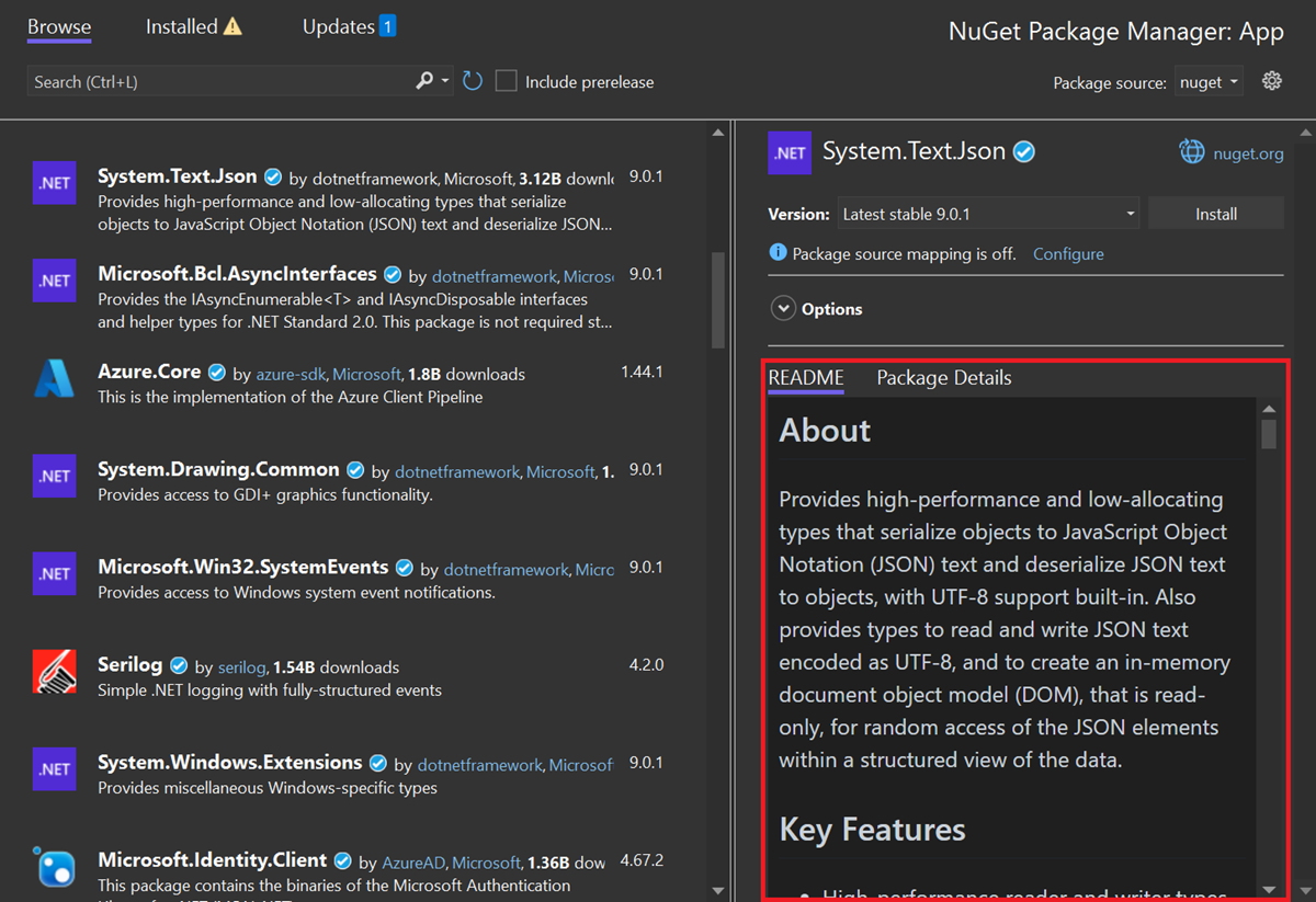 l’interface utilisateur NuGet README PM