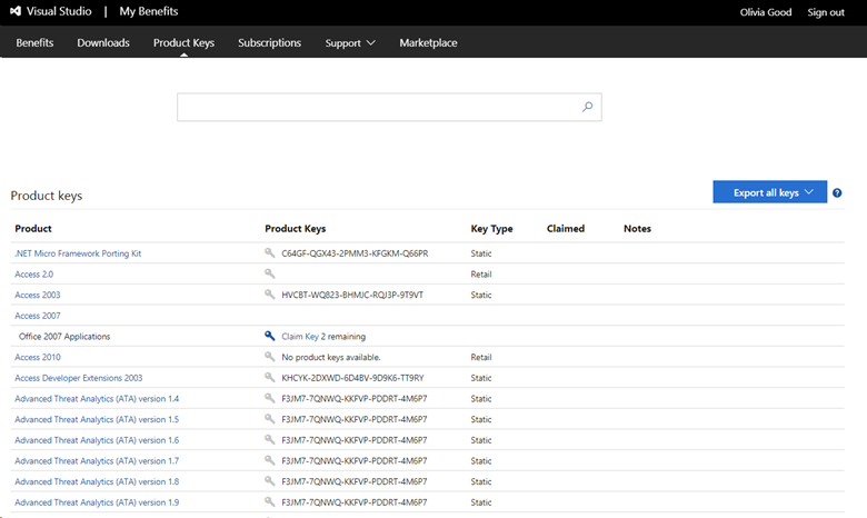 Page des clés de produit (Product Keys)