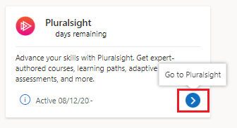 Capture d’écran montrant la vignette de l’avantage Pluralsight dans l’abonnement Visual Studio après l’activation.