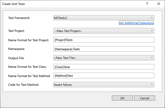 Boîte de dialogue Créer des tests unitaires dans Visual Studio