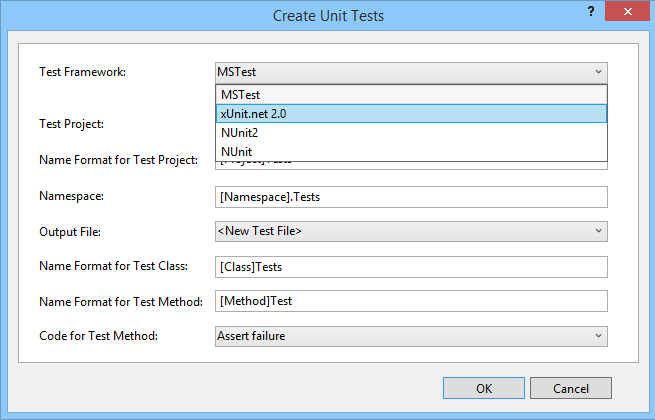 Sélectionner un autre framework de test unitaire installé