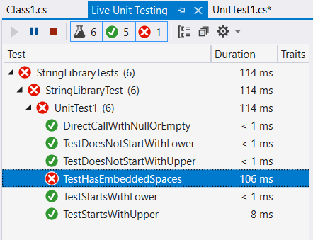 Explorateur de tests dynamique signalant l’échec d’un test.