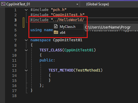 Capture d’écran de l’Explorateur de solutions montrant une directive #include ajoutée avec IntelliSense mettant en évidence un fichier d’en-tête à inclure.