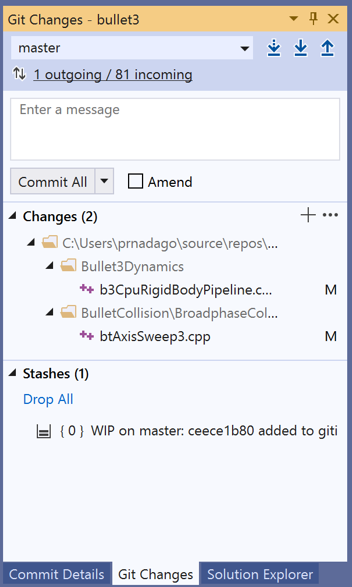 la fenêtre Modifications Git dans Visual Studio.