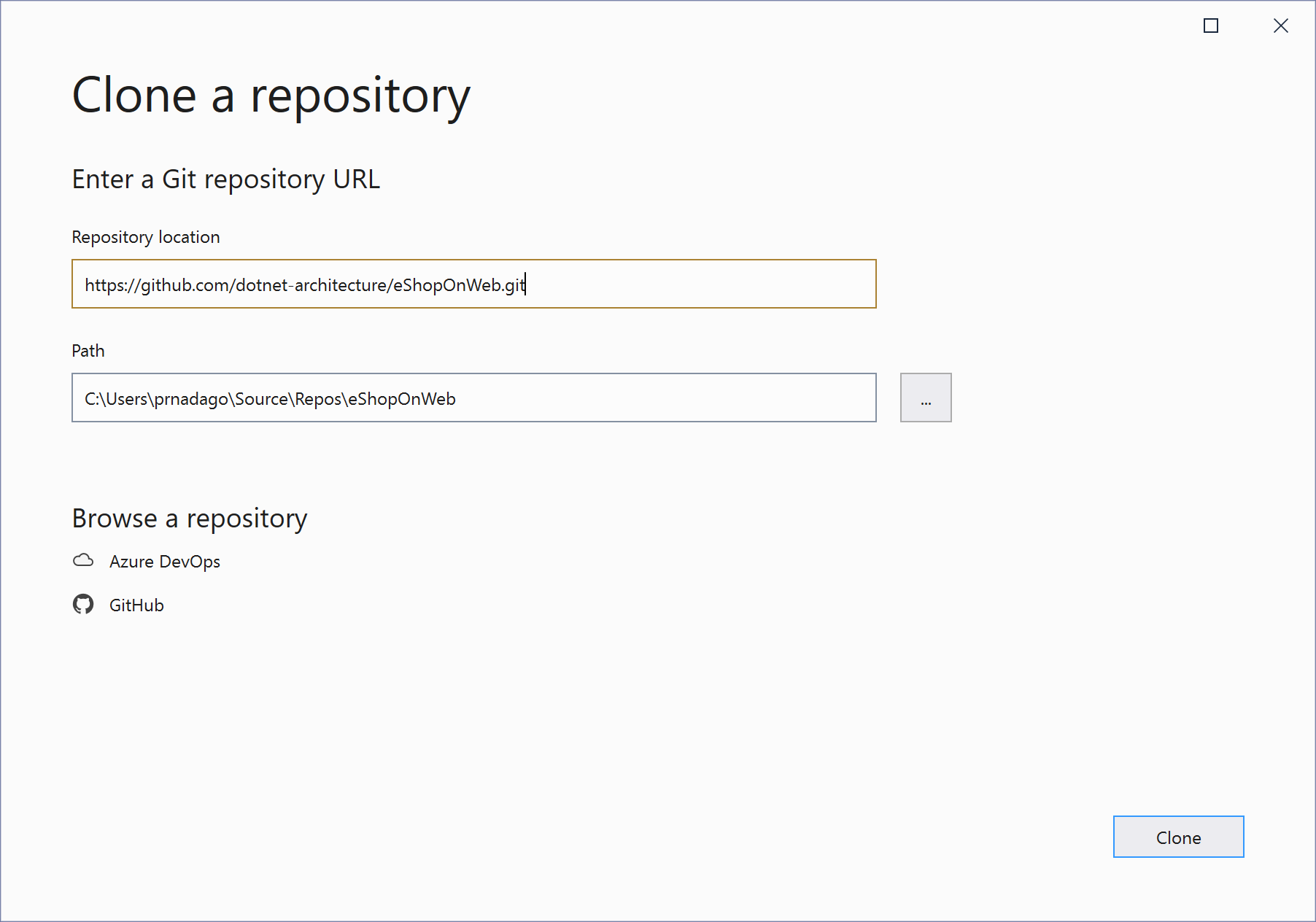 La boîte de dialogue Cloner un référentiel Git dans Visual Studio.