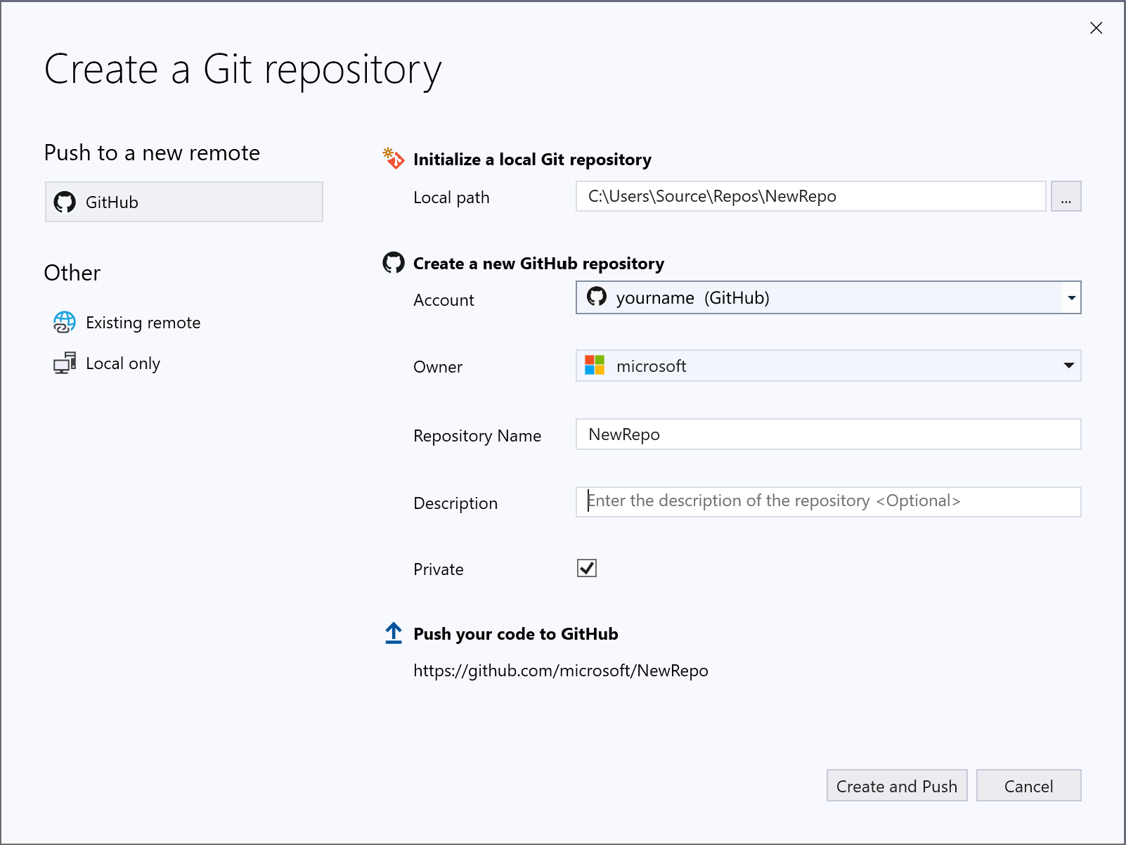 la boîte de dialogue Créer un dépôt Git dans Visual Studio.