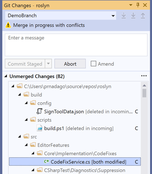 message « Fusion en cours avec des conflits » dans Visual Studio 