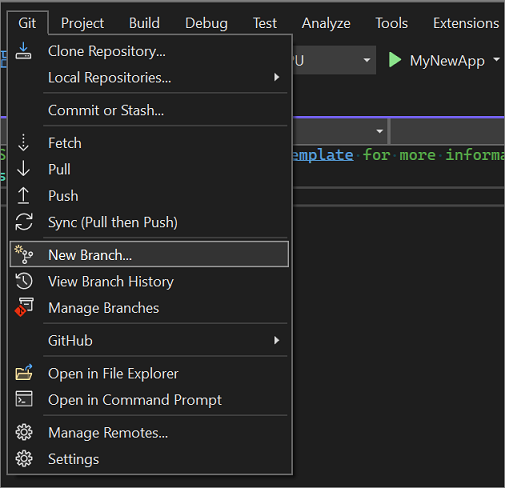 Capture d’écran de l’option Nouvelle branche du menu Git.