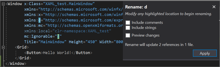 L’option Renommer l’espace de noms de l’éditeur de code XAML dans le menu contextuel