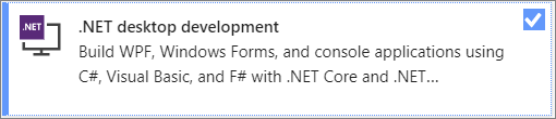 Capture d’écran de la charge de travail de développement Desktop .NET de Visual Studio Installer