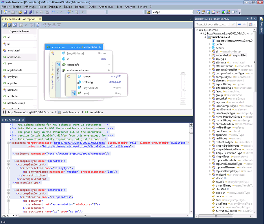 Screenshot of a Visual Studio project showing the View Designer pane, the XML Editor pane, and the XML Schema Explorer pane.