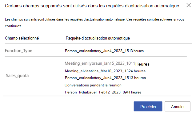 Capture d’écran d’une erreur de suppression des champs utilisés dans une requête d’actualisation automatique. Il contient une table avec les colonnes de requête Champ sélectionné et Actualisation automatique.