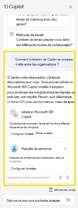 Capture d’écran montrant comment Copilot peut suggérer des requêtes en fonction de votre question.