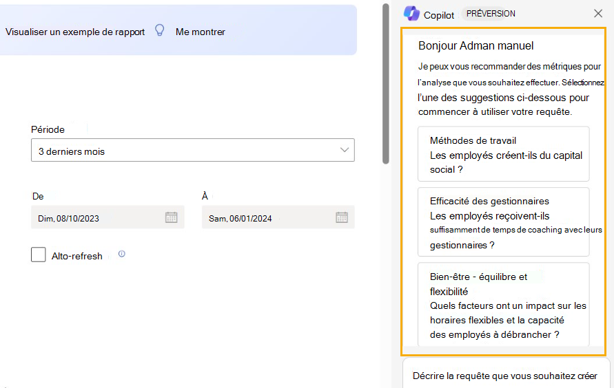 Capture d’écran montrant les questions recommandées de Copilot pour configurer la requête