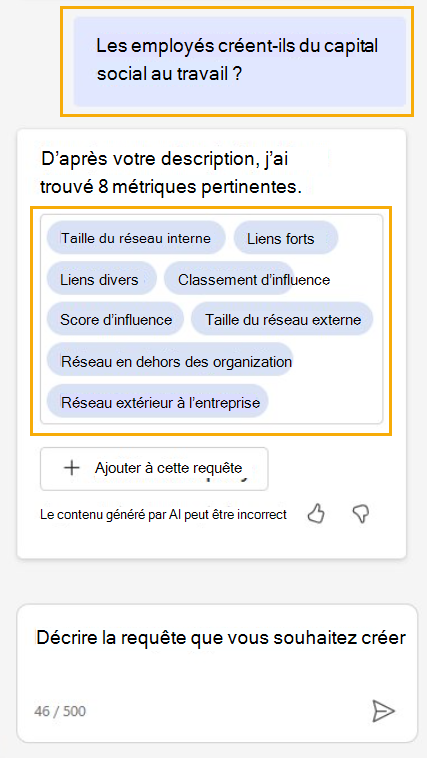 Capture d’écran montrant les métriques recommandées de Copilot pour configurer la requête