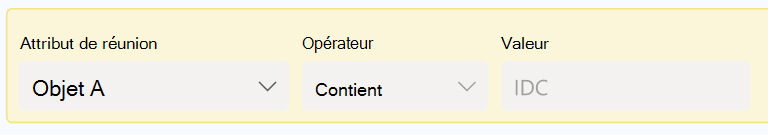 Capture d’écran d’un avertissement jaune sur un filtre dont l’attribut Réunion est Objet.