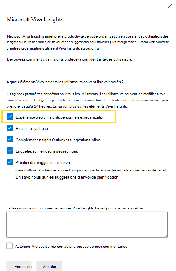 Capture d’écran montrant le volet des paramètres Microsoft Viva Insights.