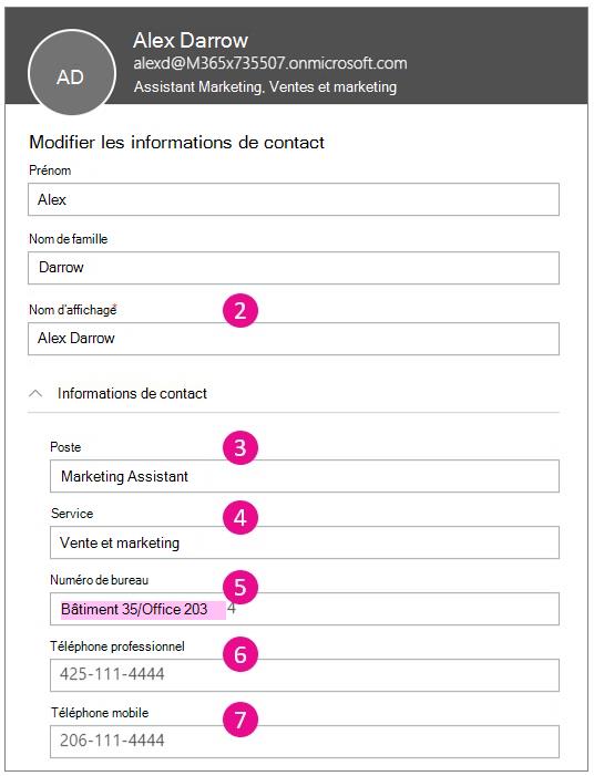 Capture d’écran montrant la modification des informations de contact.