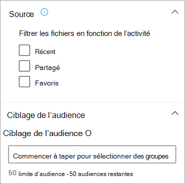 Capture d’écran montrant les options de ciblage de la source de fichier et de l’audience dans le panneau des propriétés de l’carte OneDrive.