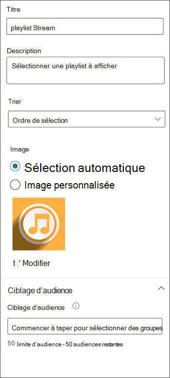 Capture d’écran du volet des propriétés de la playlist Stream montrant les options de personnalisation de la playlist.