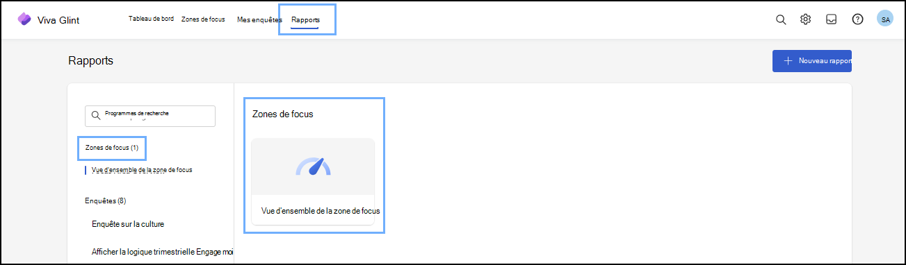 Capture d’écran montrant l’onglet Rapports dans le tableau de bord d’administration, mettant en évidence l’option Vue d’ensemble de la zone de focus.