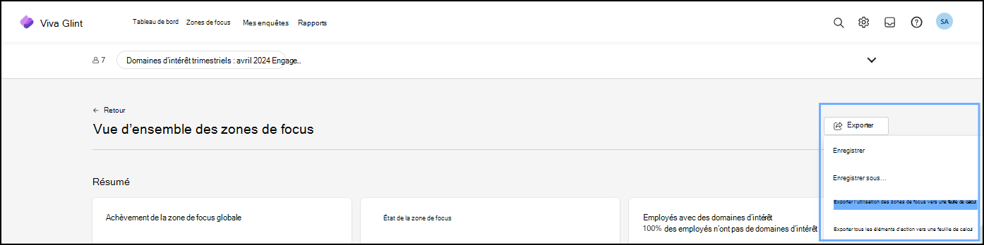 Capture d’écran des options de téléchargement ou de l’exportation du rapport Zone de focus.