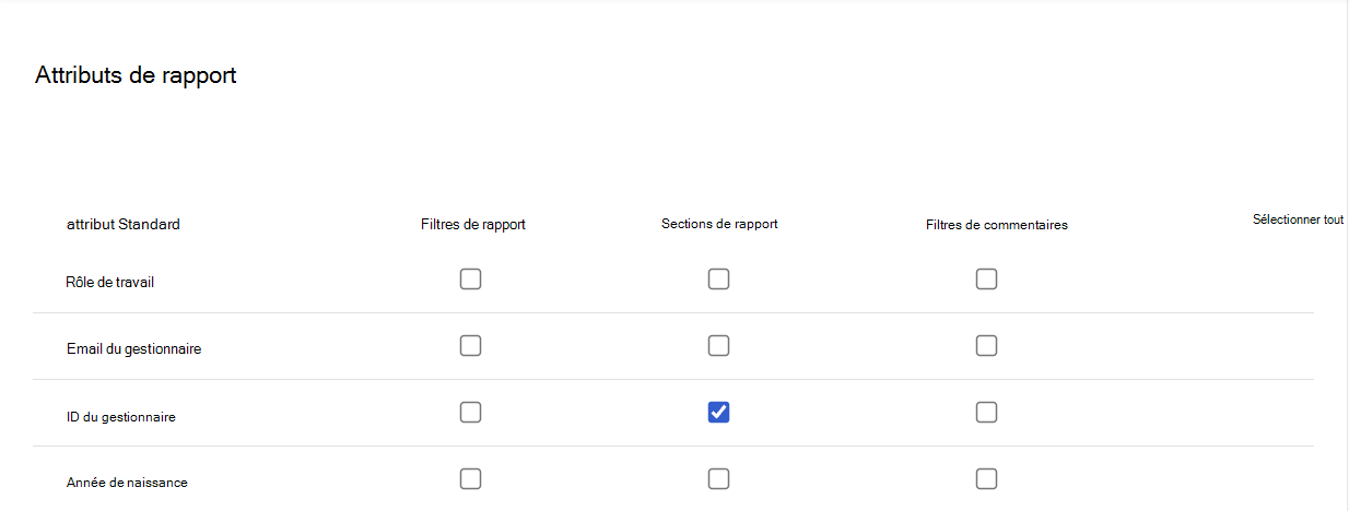 Capture d’écran de l’ID du gestionnaire sélectionné dans les attributs de rapport d’un rôle.