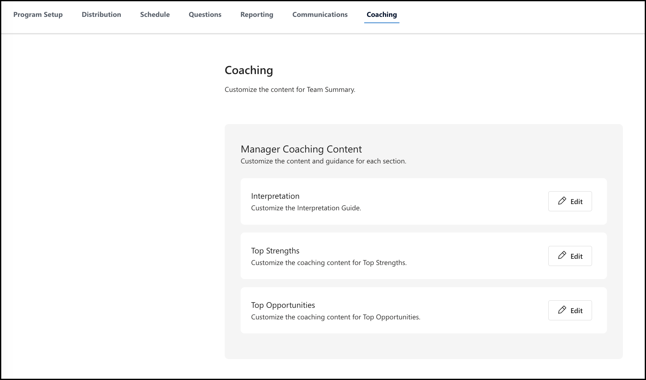 Capture d’écran de la section Contenu du coaching du gestionnaire sur la page Coaching.