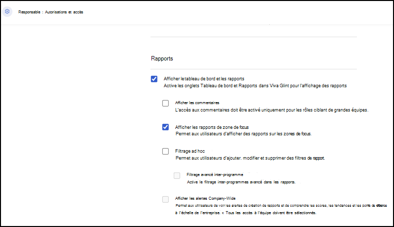 Capture d’écran montrant où accorder des autorisations pour les rôles afin d’afficher les rapports de zone de focus.